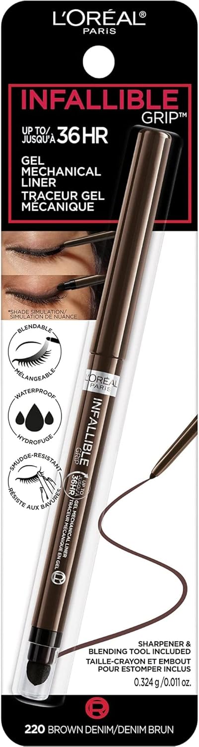 L'Oreal Paris Infallible Grip Mechanical Gel Eyeliner Pencil, Smudge-Resistant, Waterproof Eye Makeup with Up to 36HR Wear, Brown Denim, 0.01 Oz