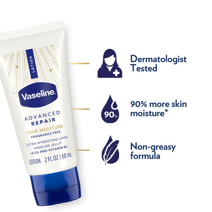 Vaseline Travel Essentials, Fragrance-Free Skin & Lip Care – Advanced Repair Unscented Lotion + Lip Therapy, Advanced Healing Tube, Original Stick & Mini Jars