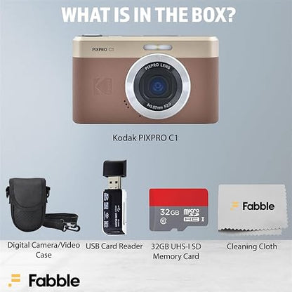 Kodak PIXPRO C1 Compact Digital Camera (Brown) Bundle with 32GB microSDHC Card, Protective Camera Case, Hi-Speed USB Card Reader, USB-C Cable, AC Adapter, and Manufacturer Accessories