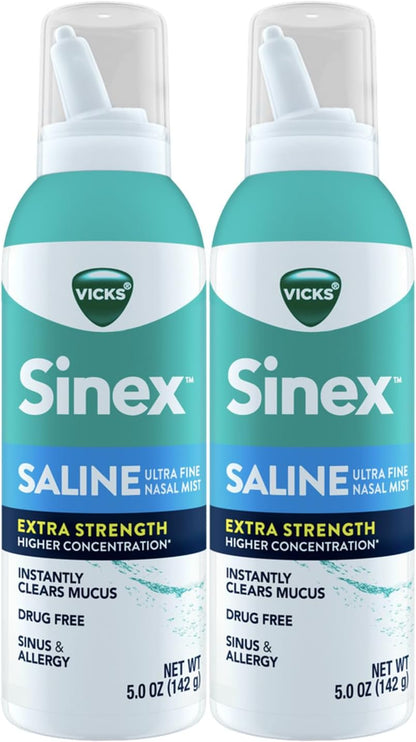 VICKS Sinex Saline Extra Strength Nasal Spray, 3X Concentrated* Drug Free Ultra Fine Mist, Instantly Clears Mucus, Ultra Concentrated to Clear Congestion Fast, Safe For Daily Use, 5 OZ x 2