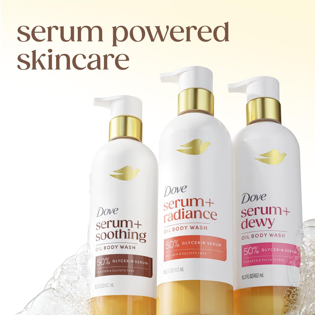 Dove Serum+ Shower Oil Body Wash Dewy, Coconut & Geranium Oil, 15.3 fl oz I Hydrating shower oil body wash with glycerin serum for soft, dewy skin without greasy residue