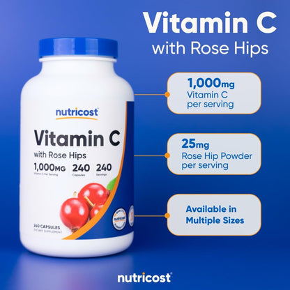 Nutricost Vitamin C with Rose Hips 1025mg, 240 Capsules, Gluten Free