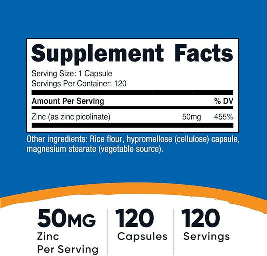 Nutricost Zinc Picolinate 50mg, 120 Vegetarian Capsules, Gluten-Free