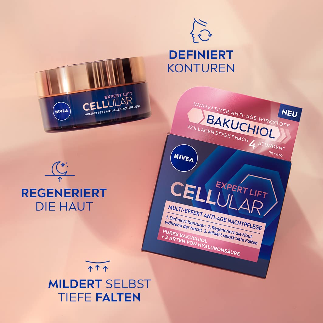 NIVEA Cellular Expert Lift Advanced Firming Day & Night Facial Cream Collection with Bakuchiol and Multi-Layer Hyaluronic Hydration for Mature Skin, Smoothing and Nourishing Anti-Age Duo, 2 × 50 ml