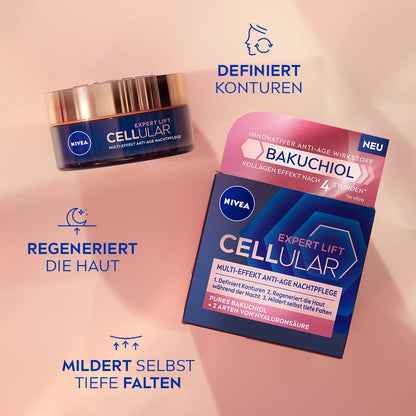NIVEA Cellular Expert Lift Advanced Firming Day & Night Facial Cream Collection with Bakuchiol and Multi-Layer Hyaluronic Hydration for Mature Skin, Smoothing and Nourishing Anti-Age Duo, 2 × 50 ml