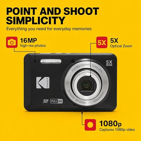 Kodak PIXPRO FZ55 Black 16MP CMOS Sensor Digital Camera 5X Optical Zoom 28mm Wide Angle 1080P Full HD Video 2.7" LCD Vlogging Camera Bundle with Tudak Compatible Case, 32GB SD Card & Microfiber Cloth