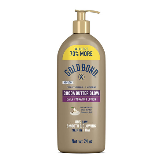 Gold Bond Cocoa Butter Glow Daily Hydrating Lotion for Dry Skin, 24 oz | Daily Hydrating Lotion, Cocoa Shea Butter & Coconut Oil, Exfoliating and Moisturizing Lotion, 24hr hydration, Body Lotion