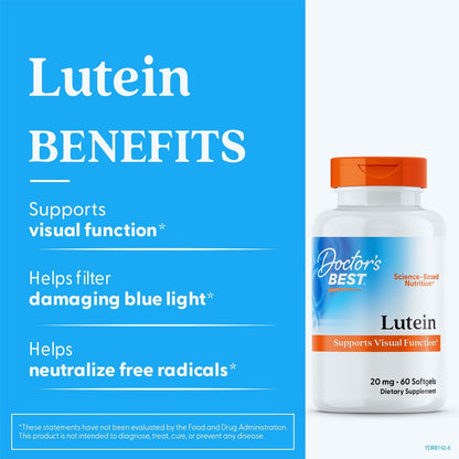 Doctor's Best Lutein Supplement 20mg with Zeaxanthin 1mg, 60 Softgels