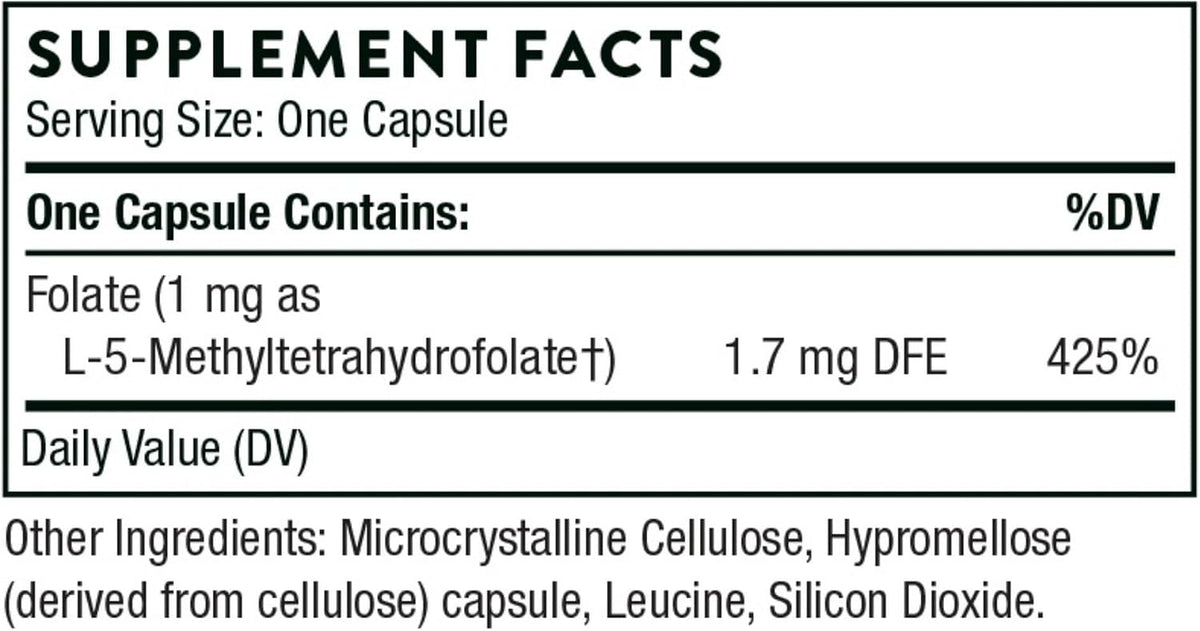 THORNE 5-MTHF 1 mg, Active Methylfolate Vitamin B9 Supplement, 60 Capsules