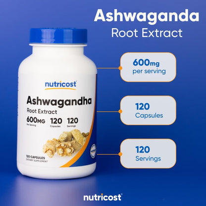 Nutricost Ashwagandha Herbal Supplement 600mg, 120 Capsules - Vegetarian, Non-GMO, Gluten Free, Ashwagandha Root (Pack of 2)