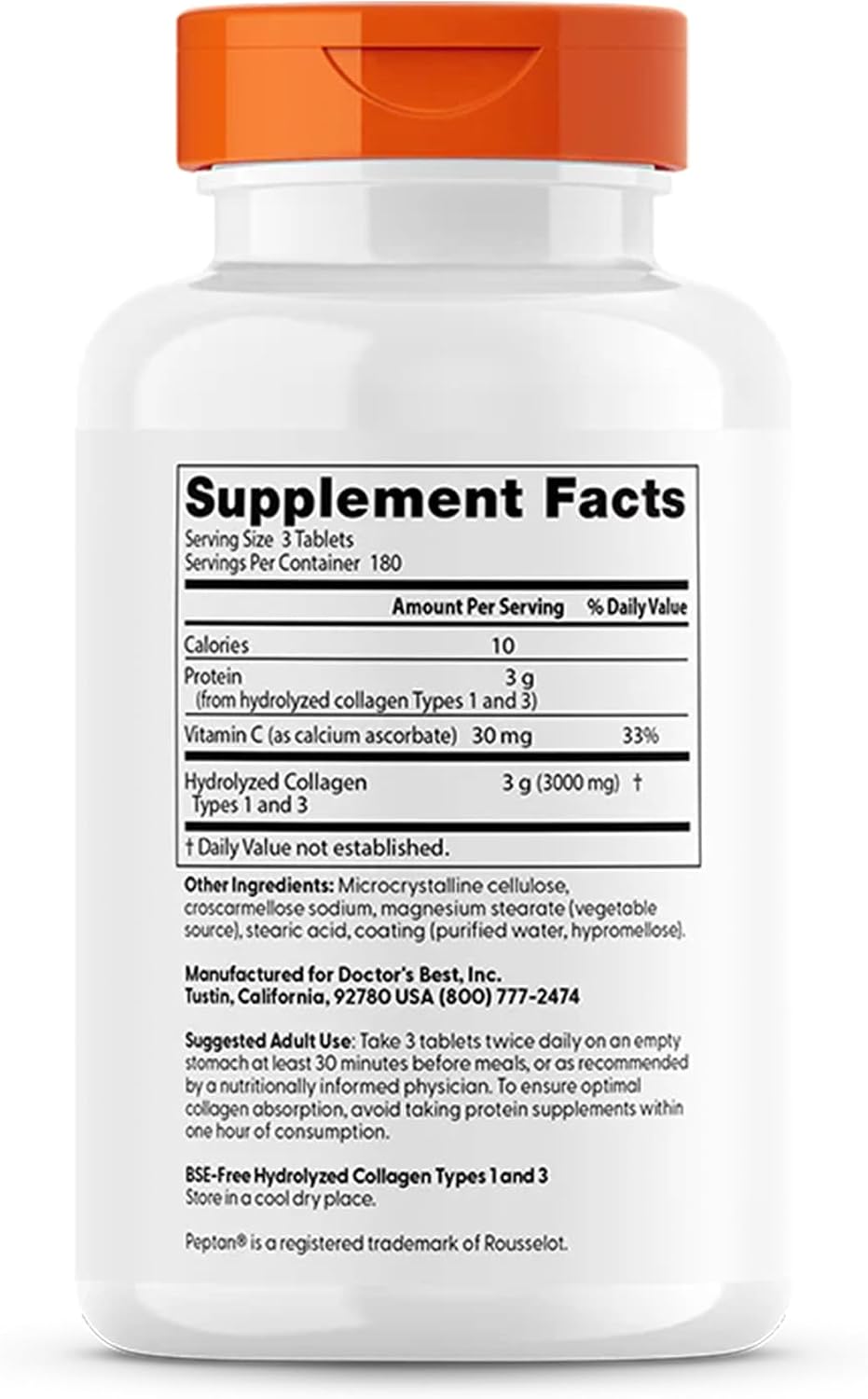 Doctor's BEST Collagen Peptides Types 1 and 3, Non GMO, 540 Tablets