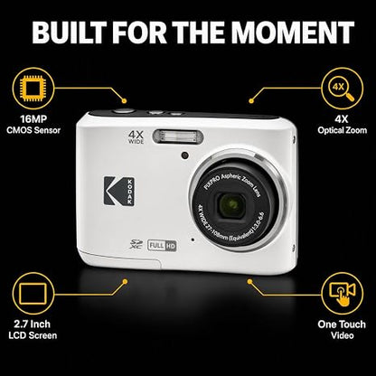 Kodak PIXPRO FZ45 Digital Camera White, 16MP Point & Shoot with 4X Optical Zoom, 27mm Wide Angle, 2.7 Inch LCD, 1080p Video Bundle with Tudak Compatible Camera Case 32GB SD Card, & Microfiber Cloth