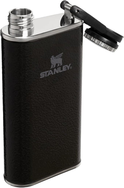 Stanley Classic Easy Fill Wide Mouth Flask 8 oz | Leakproof Hip Flask | Hinge Connected Never Lose Cap | Insulated Stainless Steel Liquor Container | BPA-Free | Hammertone Black