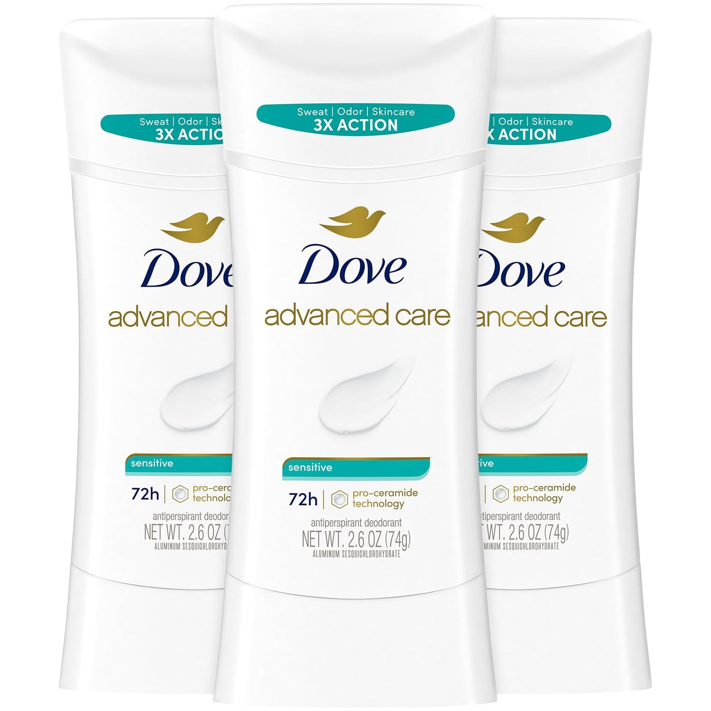 Dove Advanced Care Antiperspirant Deodorant, Sensitive, Unscented 3-Pack – 72 Hours of Odor & All Day Wetness Protection, 2.6 Oz Ea
