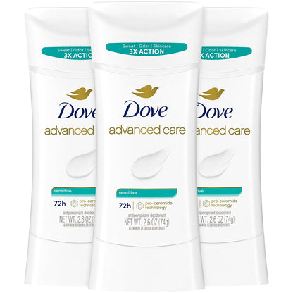 Dove Advanced Care Antiperspirant Deodorant, Sensitive, Unscented 3-Pack – 72 Hours of Odor & All Day Wetness Protection, 2.6 Oz Ea