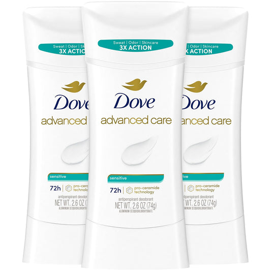 Dove Advanced Care Antiperspirant Deodorant, Sensitive, Unscented 3-Pack – 72 Hours of Odor & All Day Wetness Protection, 2.6 Oz Ea