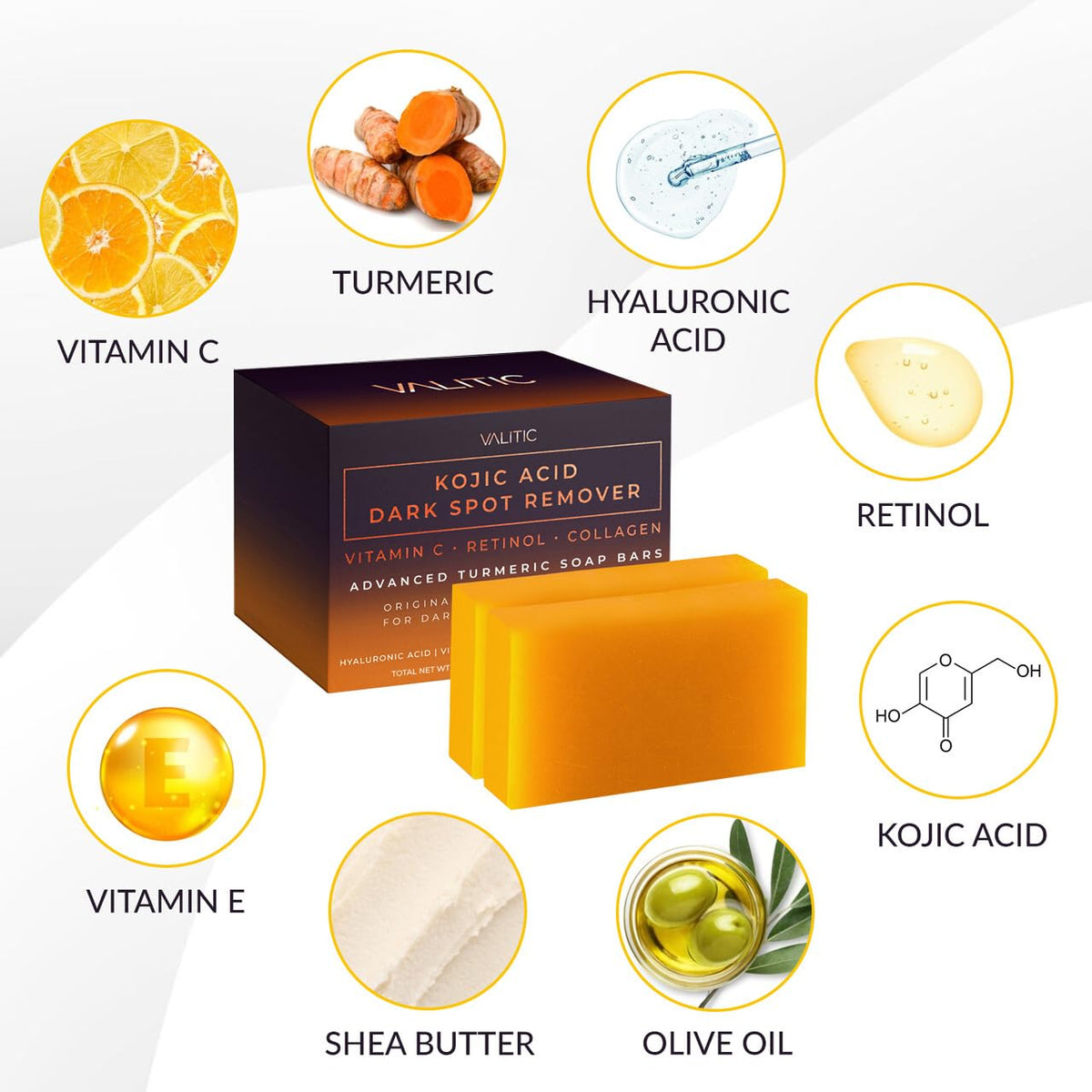 VALITIC Kojic Acid Dark Spot Remover Soap Bars, Turmeric Bar Soaps 4 Pack
