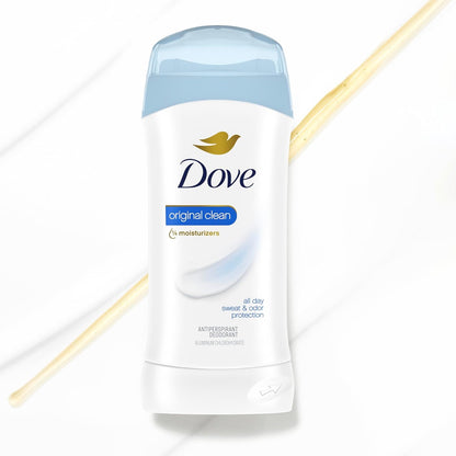 Dove Antiperspirant Stick, All Day Sweat Control, Kind to Skin, Alochol Free, Scent: Original Clean, Size: 2.6 oz (2 Pack)