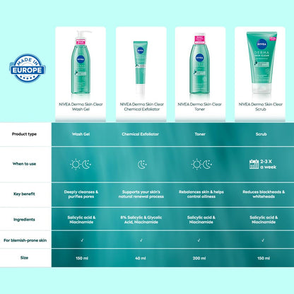 NIVEA Derma Skin Clear Anti-Blemish Peeling 150 ml – Exfoliating Clarifying Gel with Salicylic Acid, Sea Salt & Niacinamide for Pore-Refining Face & Body Care