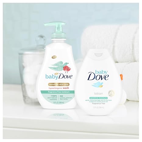 Dove Baby Sensitive Skin Care Bundle – Hypoallergenic Wash & Baby Lotion, Fragrance Free Moisture, Gift Set, 13 Oz Ea (2 Piece Set)