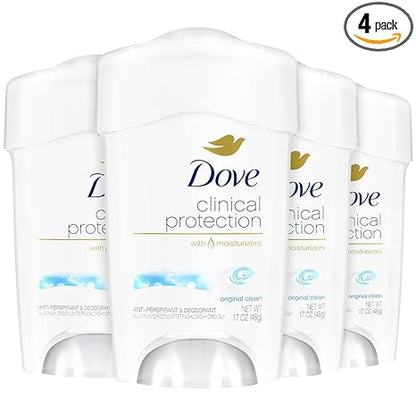 Dove Deodorant for Women, Clinical Protection Antiperspirant, Original Clean 4-Pack – Prescription Strength Wetness Defense with ¼ Moisturizers, 1.7 Oz Ea