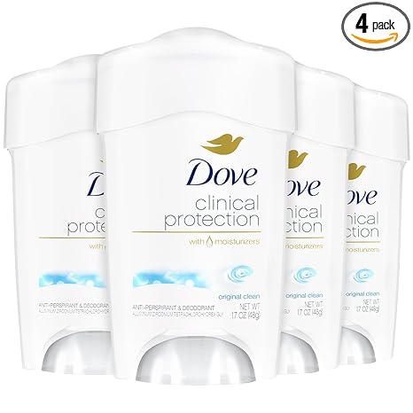 Dove Deodorant for Women, Clinical Protection Antiperspirant, Original Clean 4-Pack – Prescription Strength Wetness Defense with ¼ Moisturizers, 1.7 Oz Ea