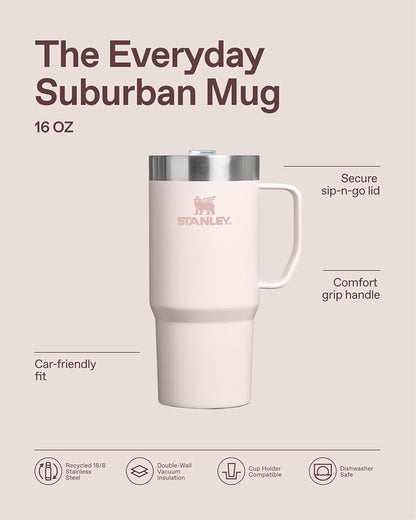 STANLEY The Everyday Suburban Mug | 16 oz | Drink Through Lid | Cup for Coffee, Tea and Drinks | Insulated Stainless Steel Coffee Mug | BPA-Free | Rose Quartz