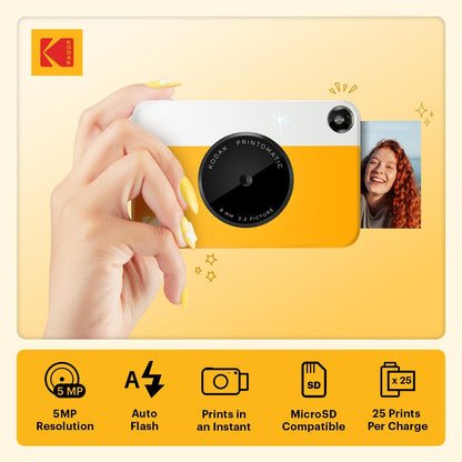 KODAK Printomatic Full-Color Instant Print Digital Camera, Zink 2x3" (5.1x7.5 cm) Sticky-Back Photo Paper, 5MP, Portable, Creative Fun Gift for Birthday, Christmas, Holiday, Yellow