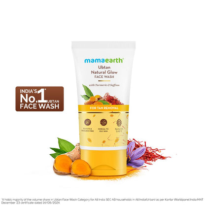 Mamaearth Ubtan De Tan Face Wash | Helps Reduce Tanning & Sun Damage | Gently Cleanses Dirt & Excess Oil | Enriched with Turmeric & Saffron | 5.07 Fl Oz (150ml)