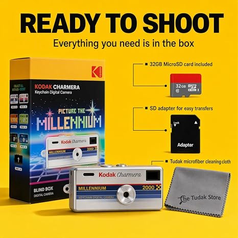 Kodak Charmera Keychain Digital Camera Blind Box, Millennium, Single Box 1PC – Bundled with Tudak Store Microfiber Cloth, 32GB MicroSD Card & Adapter – 1.6MP Digicam, Video, Gift for Teens & Adults