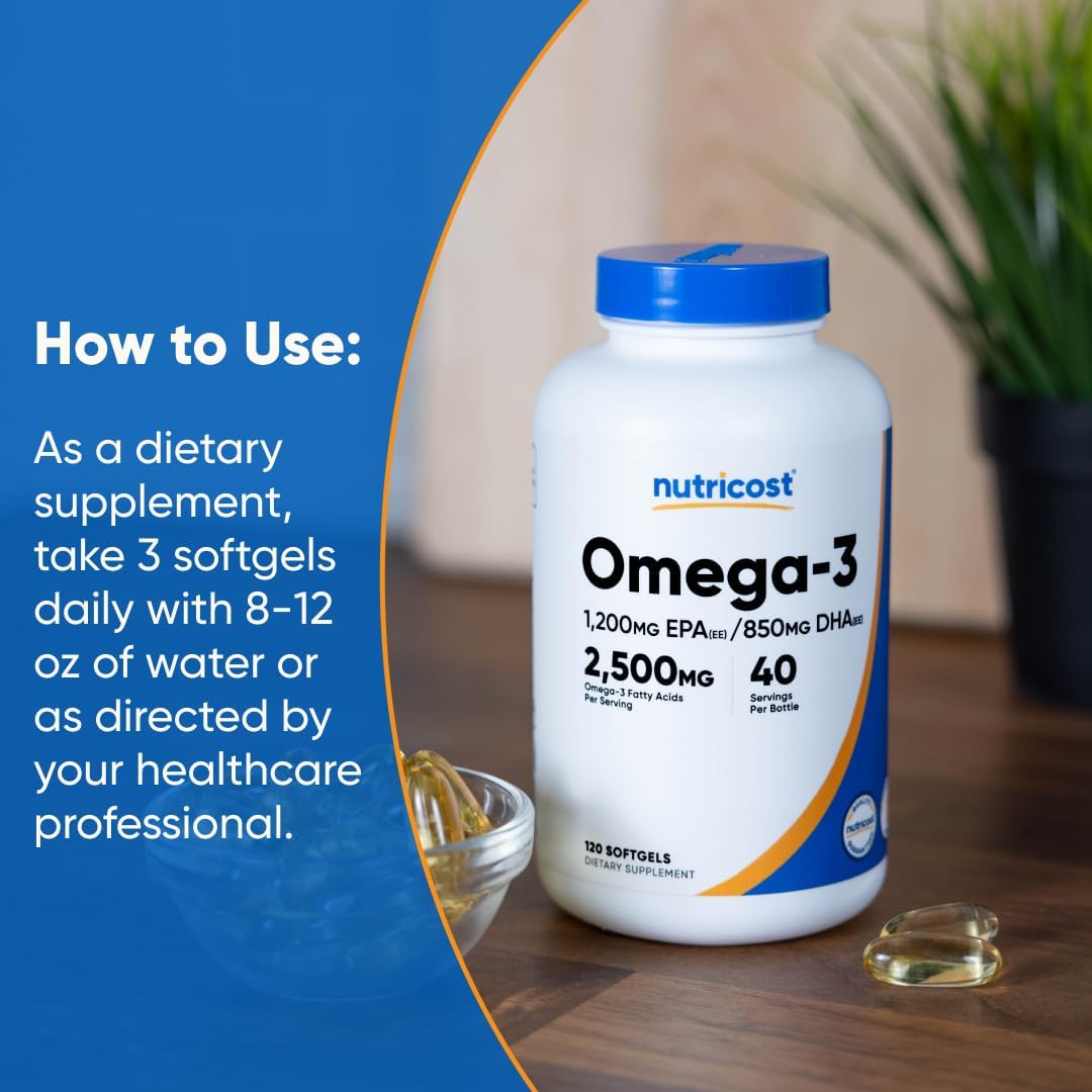 Nutricost Omega 3 Fish Oil - 2500MG, 120 Softgels (40 Serv) - Fish Oil, Wild Caught! 1200mg EPA 850mg DHA - Non-GMO, Gluten Free (Pack of 2)