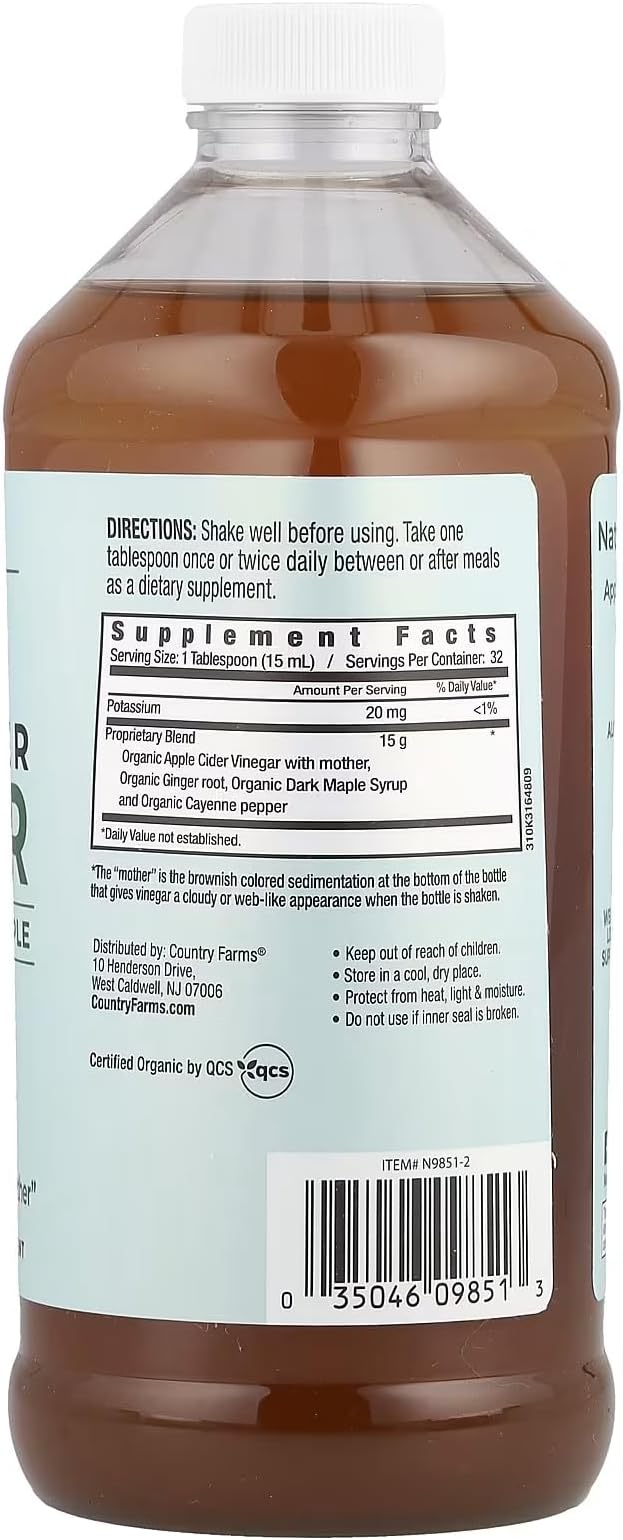 Country Farms Organic Apple Cider Vinegar Tonic, Cleanses and Detoxifies, Helps Balance Fluids, Supports Digestion, With The “Mother”, Ginger Cayenne & Maple, 16 Fl. Oz.