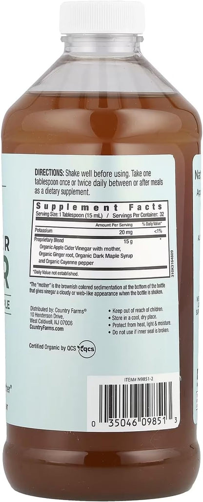 Country Farms Organic Apple Cider Vinegar Tonic, Cleanses and Detoxifies, Helps Balance Fluids, Supports Digestion, With The “Mother”, Ginger Cayenne & Maple, 16 Fl. Oz.