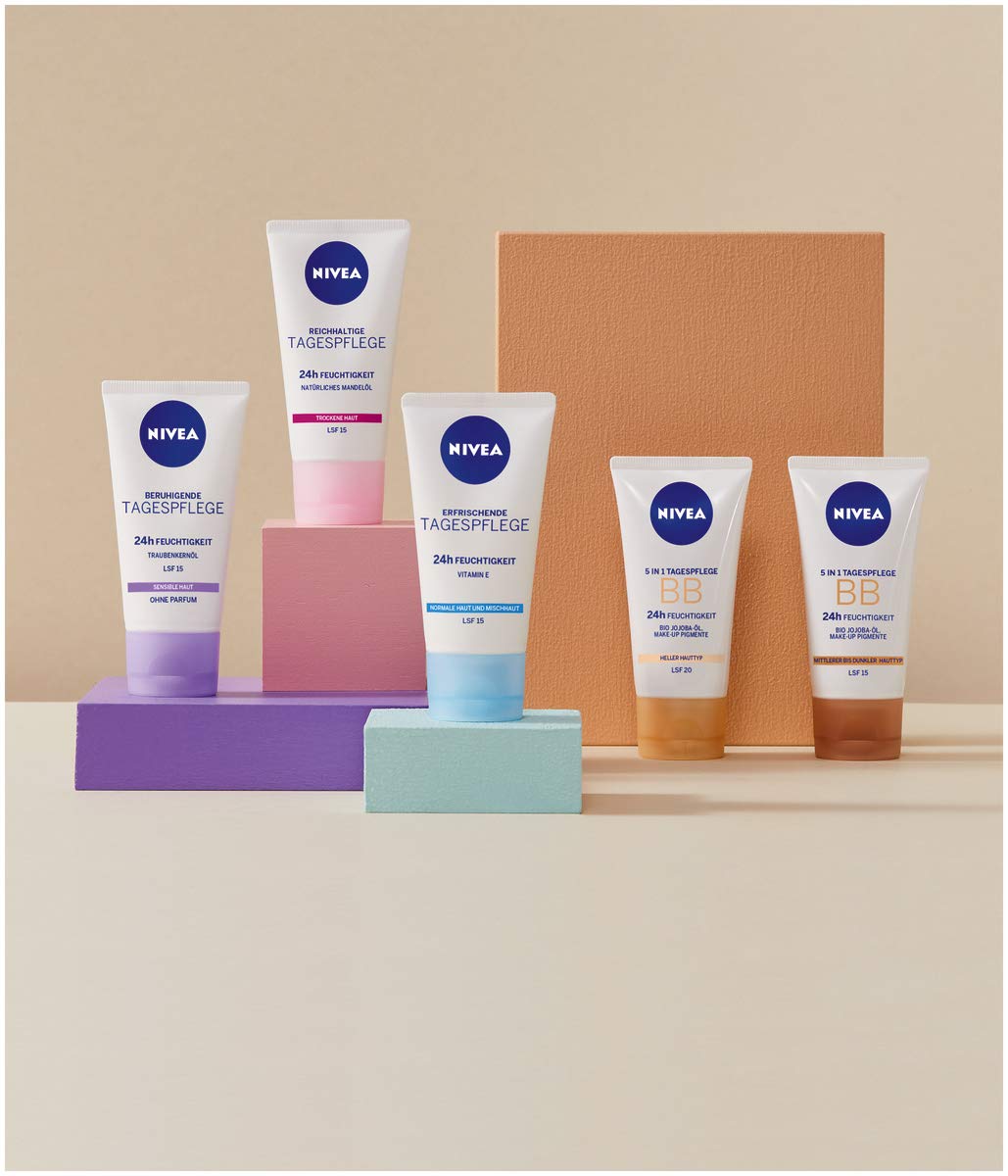 NIVEA BB Cream for Face, Hydrating Tinted Daily Moisturizer with Natural Coverage for Medium to Dark Skin Tones, Lightweight Skin-Perfecting Cream with Minerals, Jojoba Oil and Pro-Vitamin B5, 50 ml