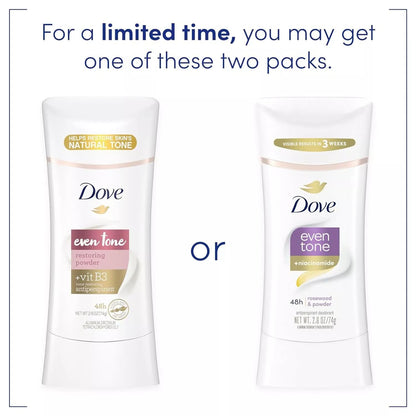 Dove Even Tone Antiperspirant Deodorant for Uneven Skin Tone Restoring Powder Sweat Block for All-Day Fresh Feeling 2.6 oz 3 Count