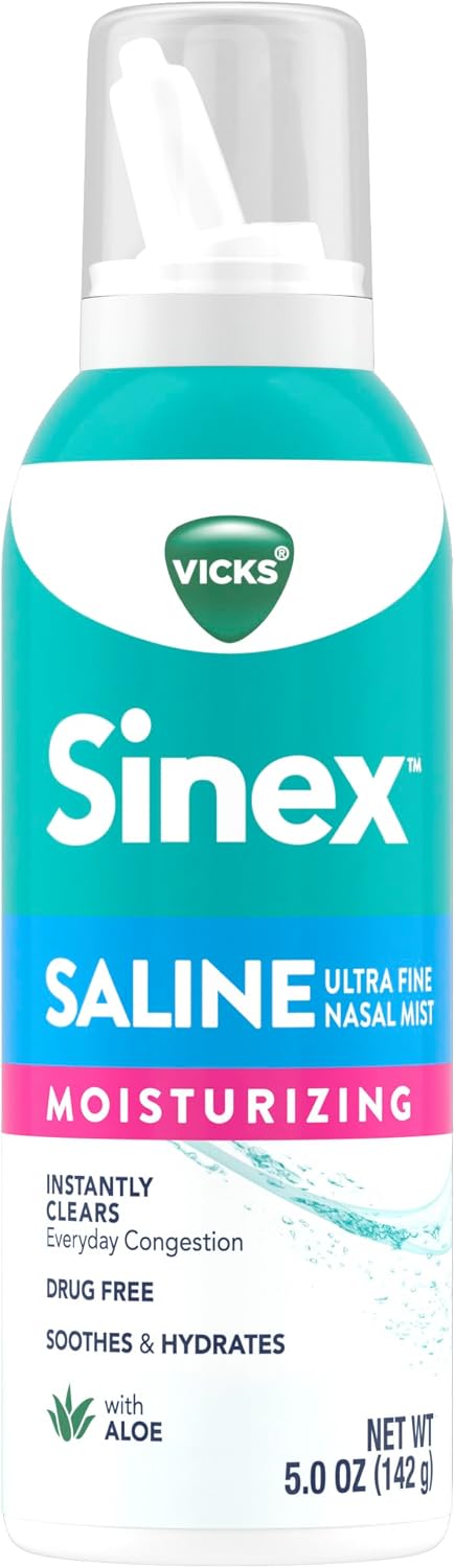 Vicks Sinex Saline Moisturizing Nasal Spray, with Aloe, Drug Free Ultra Fine Mist, Clear Everyday Sinus Congestion Fast, Clear Mucus from a Cold or Allergy, 5 OZ x 2