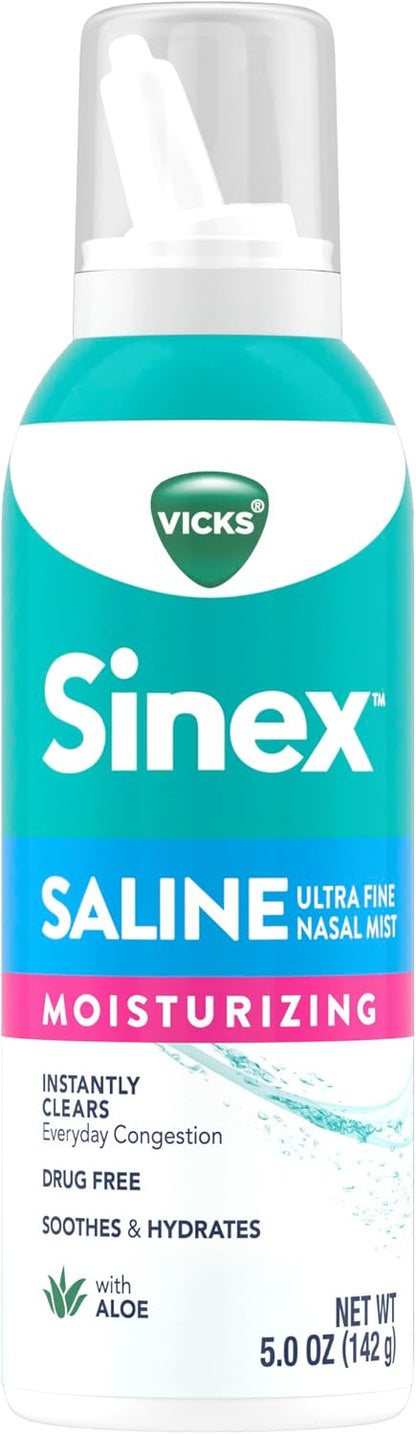 Vicks Sinex Saline Moisturizing Nasal Spray, with Aloe, Drug Free Ultra Fine Mist, Clear Everyday Sinus Congestion Fast, Clear Mucus from a Cold or Allergy, 5 OZ x 2