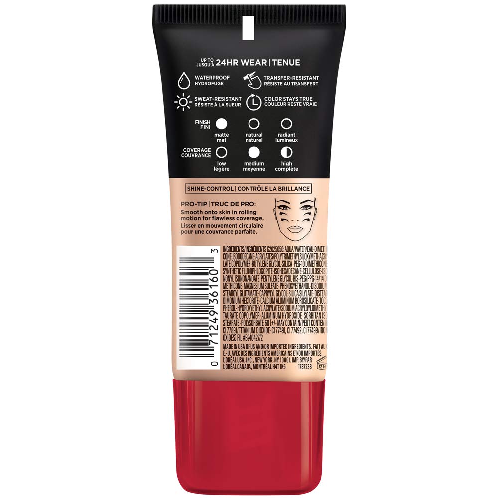 L'Oreal Paris Cosmetics Makeup Infallible Pro-Matte Liquid Longwear Foundation, Nude Buff, 1 fl oz.