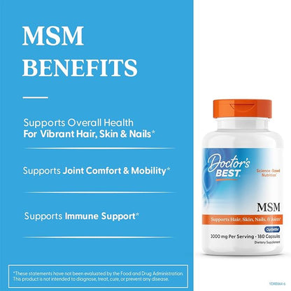 Doctor's Best MSM Supplement Capsules, for Men & Women, Skin, 180 Caps