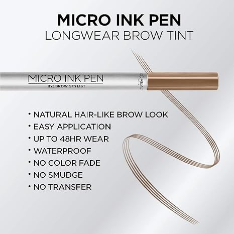 L'Oreal Paris Micro Ink Pen by Brow Stylist, Longwear Brow Tint, Hair-Like Effect, Up to 48HR Wear, Precision Comb Tip, Dark Blonde, 0.033 fl; oz.