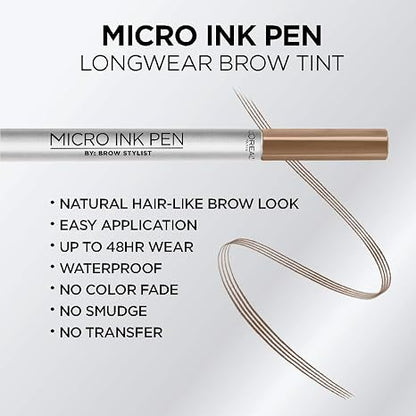 L'Oreal Paris Micro Ink Pen by Brow Stylist, Longwear Brow Tint, Hair-Like Effect, Up to 48HR Wear, Precision Comb Tip, Dark Blonde, 0.033 fl; oz.