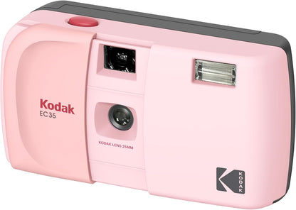 KODAK EC35 35mm Film Camera 35mm, Reusable, Focus-Free, Built-in Flash, Slide Cover, Beginner Friendly (Film & AA Battery are not Included) (Single, Blush Pink)