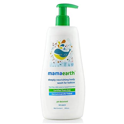 Mamaearth Deeply Nourishing Baby Body Wash | Tear Free Formula with Natural Cleansers | Hydrating Coconut & Jojoba Oil | Moisturizes Delicate Skin of Babies | 13.53 Fl Oz (400ml) | Baby body wash formulated with coconut and jojoba oil.