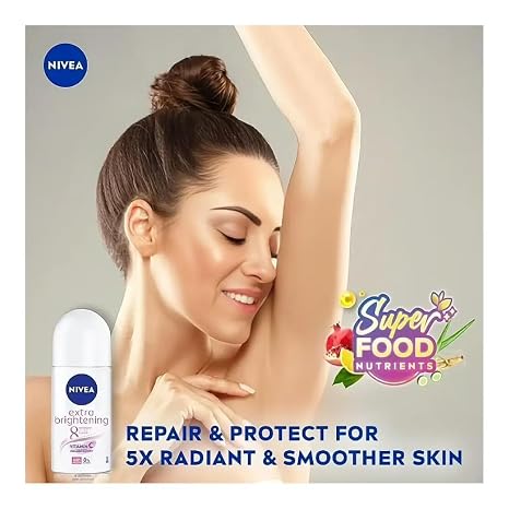 NIVEA Extra Brightening Flavor, Roll-On Deodorant, Alcohol-Free, 48HR Odor Protection, 50ml, 1.69oz, Pack of 3