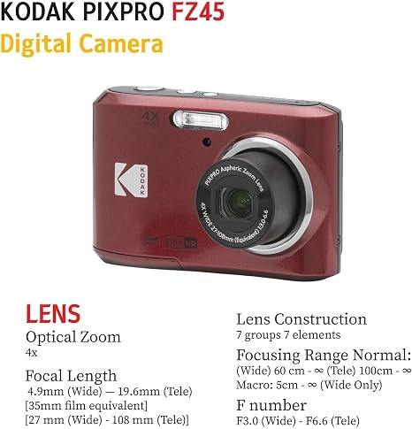 KODAK PIXPRO FZ45 16MP Digital Camera with 4X Optical Zoom 27mm Wide Angle and 2.7" LCD Screen Bundle with 32GB SD Memory Card, AA Batteries (4 Pack), Lens Cleaning Cloth (Red)