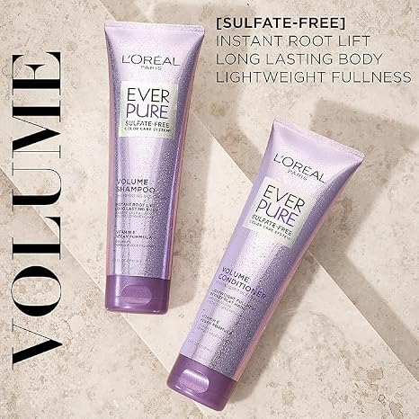 L'Oreal Paris EverPure Volume Sulfate Free Shampoo for Color-Treated Hair, Volume + Shine for Fine, Flat Hair, with Lotus Flower, 2 Count (8.5 Fl; Oz each) (Packaging May Vary)