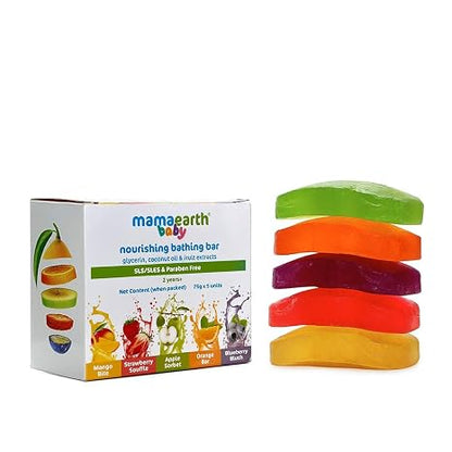 MAMAEARTH Fruit Infused Bathing Bar, 5 x 75g | Formulated with apple, orange, blueberry, strawberry, and mango extracts.