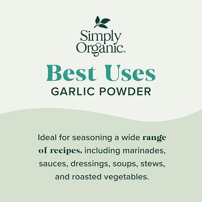 Simply Organic Garlic Powder, 3.64-Ounce Jar, Pure A-Grade Organic Garlic, Dried & Ground, Kosher, No ETO, Non GMO | Pure A-Grade Organic Garlic, Dried & Ground, Kosher, No ETO, Non GMO