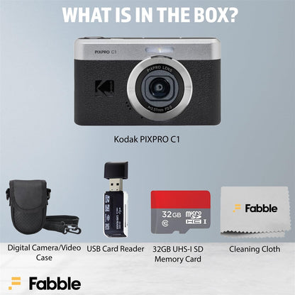 Kodak PIXPRO C1 Compact Digital Camera (Black) Bundle with 32GB microSDHC Card, Protective Camera Case, Hi-Speed USB Card Reader, USB-C Cable, AC Adapter, and Manufacturer Accessories