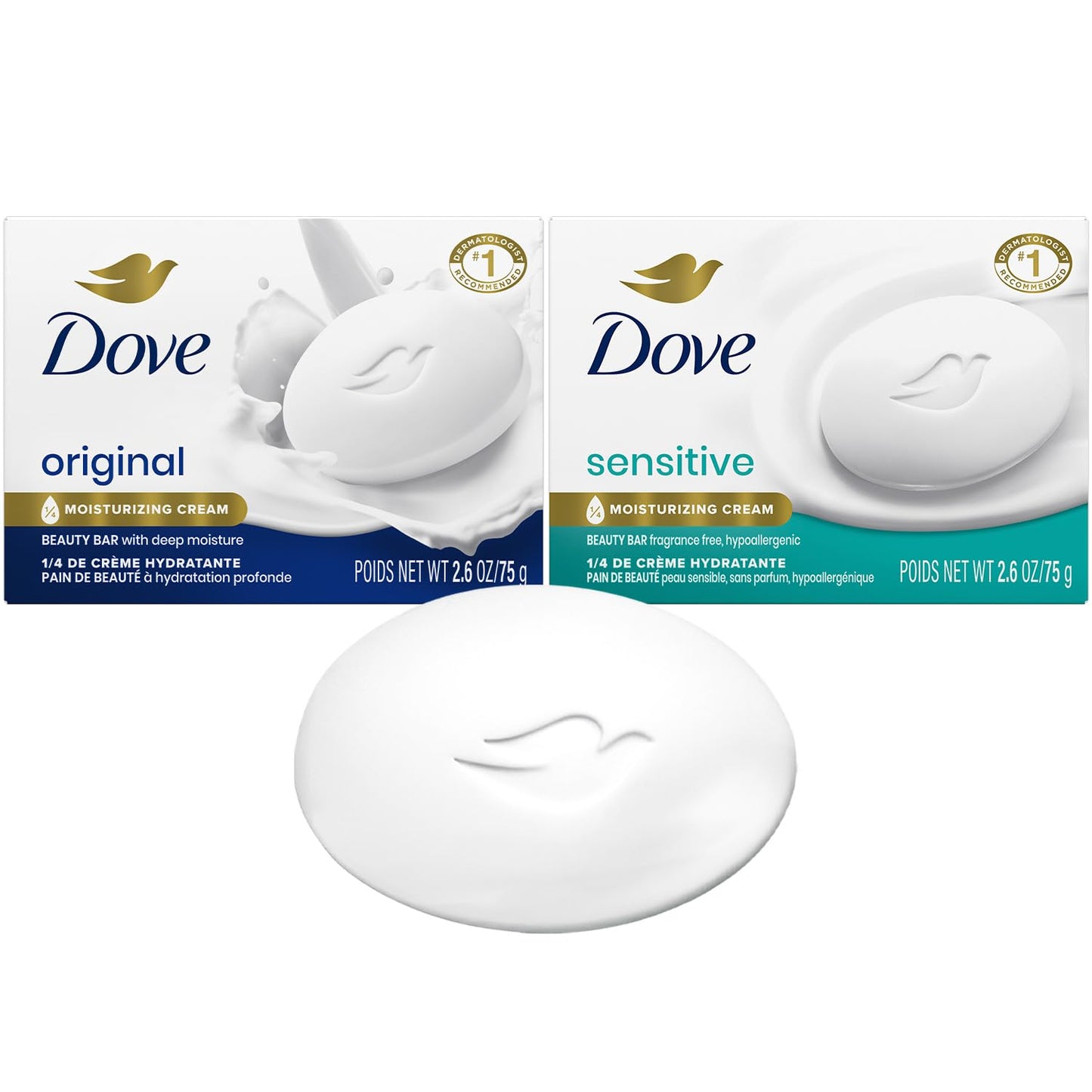 Dove Beauty Bar Sensitive & Original Variety 2-Pack – #1 Dermatologist Recommended Moisturizing Soap for Soft, Smooth Skin, 2.6 Oz Ea